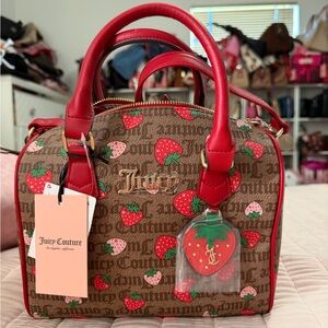 Juicy Couture Brown Strawberry Print Satchel with Red Trim